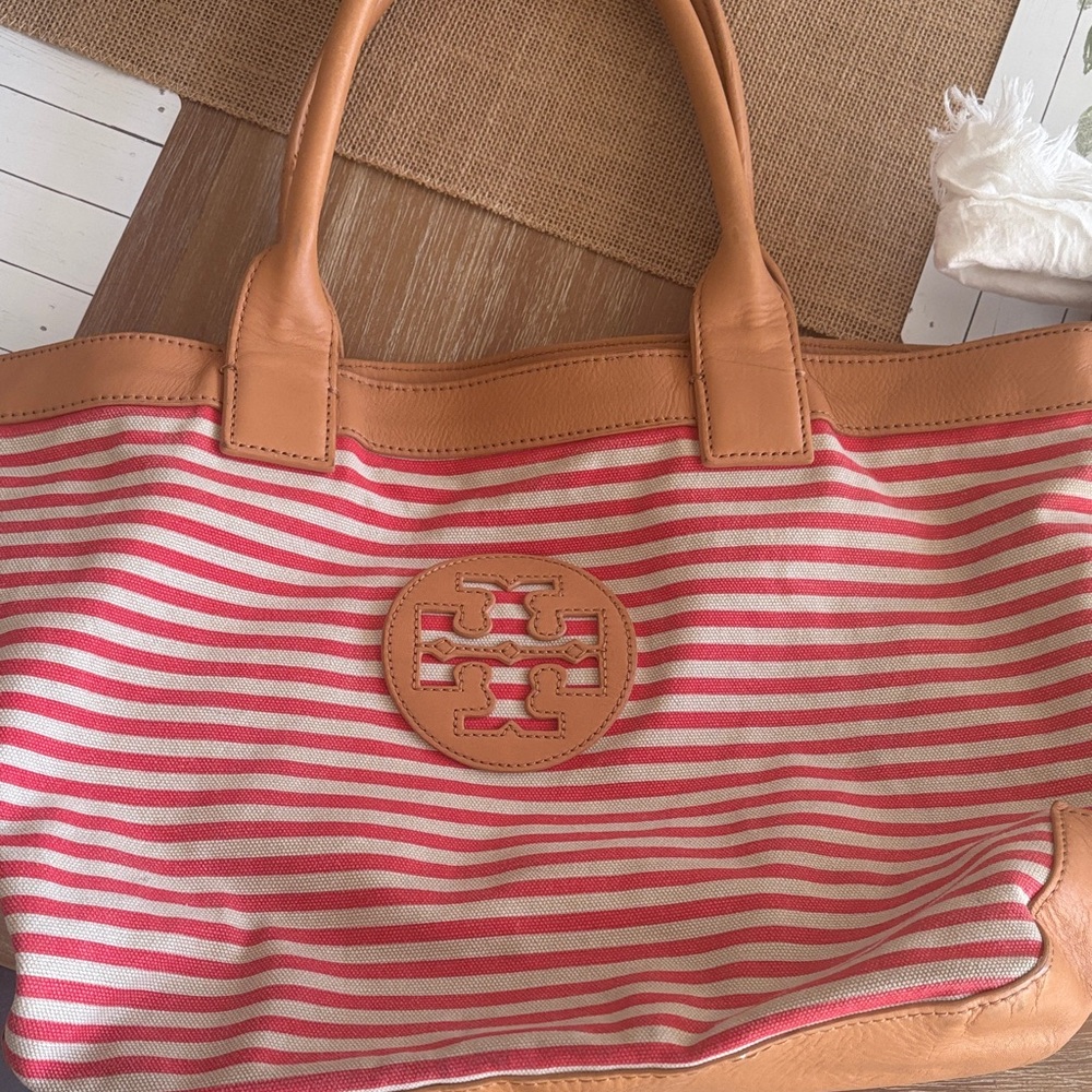 Tory Burch Pink and Tan Striped Tote